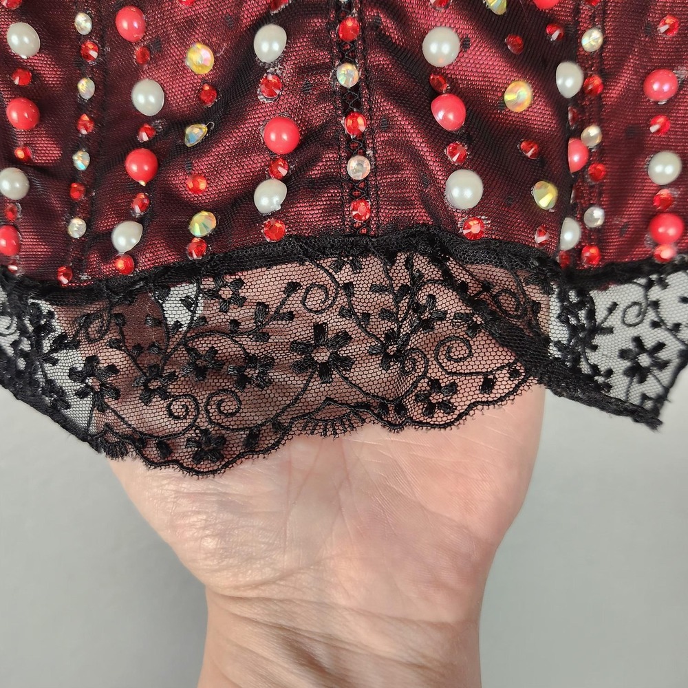 Affinitas Intimates Bustier Corset Top Womens 32C Red Black Lace Rhinestone - Picture 16 of 16